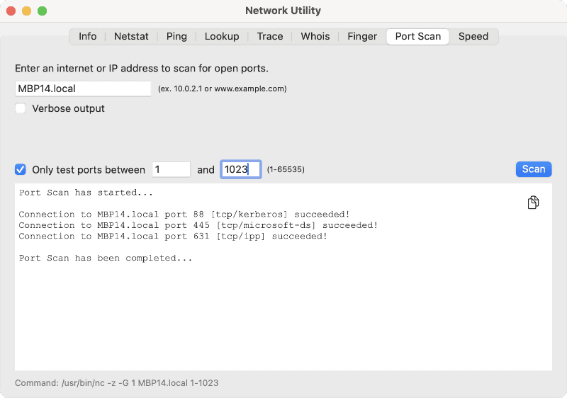 [Port Scan]タブは、特定のIPアドレスに対して開放されているポートをスキャンするための機能。IPアドレス欄に「コンピュータ名.local」のように入力すると、自分のMacの状態をテストできます