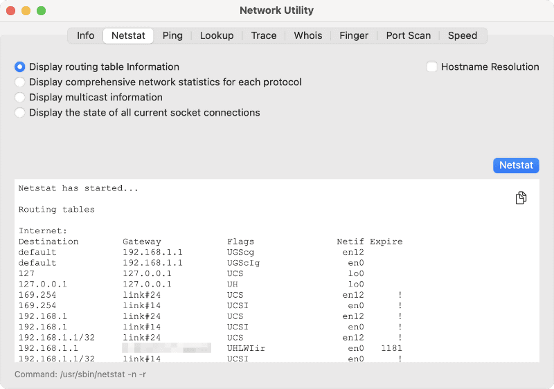 [Net Stat]タブでは、同一のネットワーク内にあるすべてのコンピュータなどのリスト(ルーティングテーブル情報)を確認できます。主にネットワーク管理者向けの機能ですが、自宅のネットワークに不審なデバイスが接続されていないかを確認する際にも役立ちます