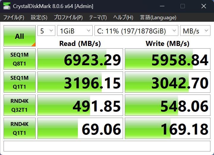 CrystalDiskMark 8.0.6によるストレージテストの結果。シーケンシャルリードで6,923.29MB/sとかなり高速だ