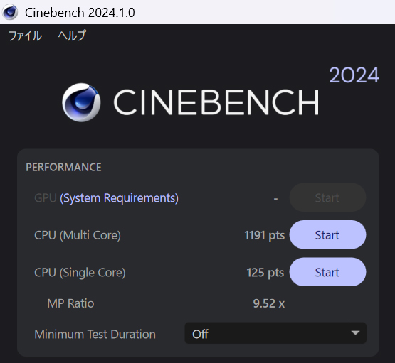 Cinebench 2024の結果。マルチコアは1,191、シングルコアは125