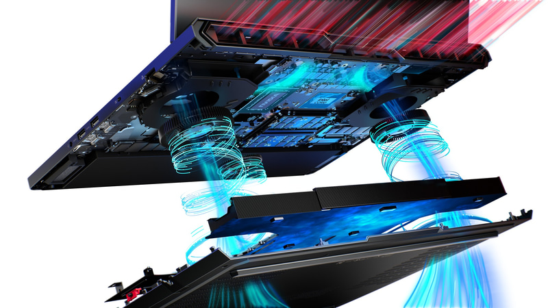 これは<a href="https://www.lenovo.com/jp/ja/p/laptops/legion-laptops/legion-7-series/legion-pro-7i-gen-10-16-inch-intel/len101g0039" class="nc" data-ipc-count="main-content-link" target="_blank">Legion Pro 7i Gen 10</a>の冷却システム。底面ファンの風でヒートシンクを冷却しつつ、背面側へと吐き出す。風が背面から出るので耳障りになりにくい