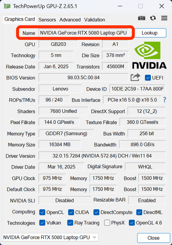 GeForce RTX 5080 Laptop GPUを搭載。ビデオメモリは高速なGDDR7が16GBとノートPCとしては大容量だ。ブーストクロックは1,500MHzに設定されていた