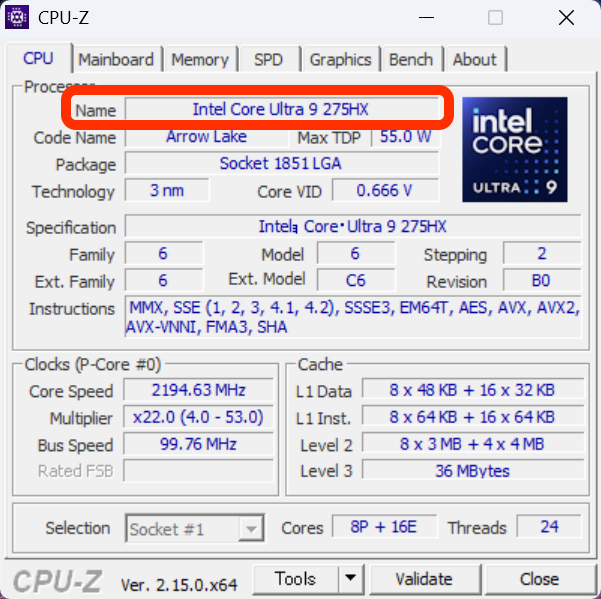 CPU-Zでの表示。CPUには24コア24スレッドの「Core Ultra 9 275HX」を搭載。Pコアを8基、Eコアを16基備えている