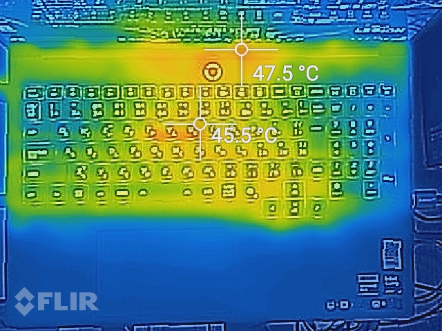 サイバーパンク2077を10分動作させたときのサーモグラフィー。熱源はキーボードの上部に集中。キーボードは中央部分がちょっと温かい程度だ