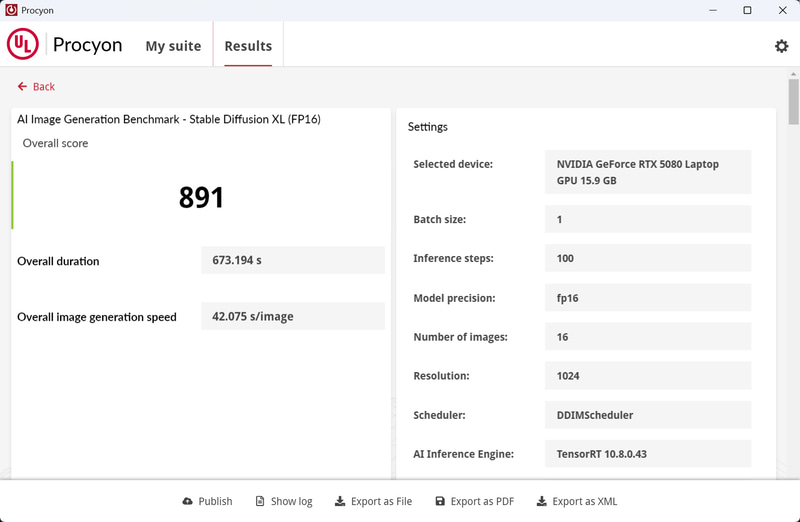 Procyon AI Image Generation BenchmarkのStable Diffusion XL(FP16)設定での結果