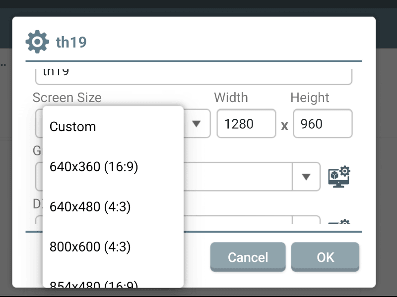 ショートカットから行なえる設定はコンテナ設定よりも若干少ない。しかしScreen Sizeに関してはコンテナ設定よりも選択肢が多い。また、Customを設定することでプリセットにない解像度でも設定できる