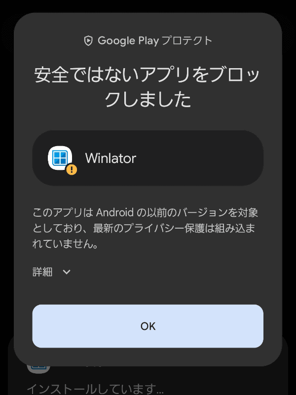 Google Playプロテクトの場合、OKを押したらそのまま終了してしまうため、詳細からインストールを進めていく
