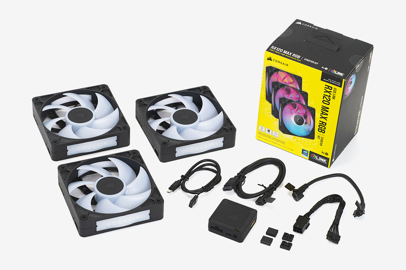 iCUE LINKに対応する120mm角ファンを3基セットにした「iCUE LINK RX120 MAX RGB Starter Kit」。iCUE LINKシステムハブ、iCUE LINKケーブルも付属し、実売価格は1万7,000円前後