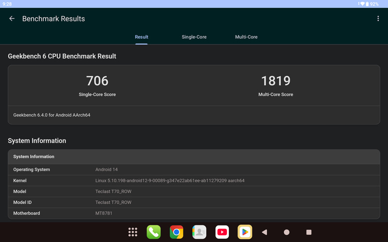 GeekBench 6(Single-core / Multi-core) 706 / 1,819