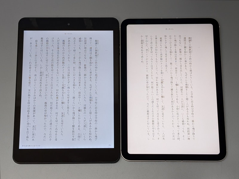 iPad mini(右)との比較。天地は本製品のほうが狭いが、アスペクト比4:3で表示のバランスも良好だ