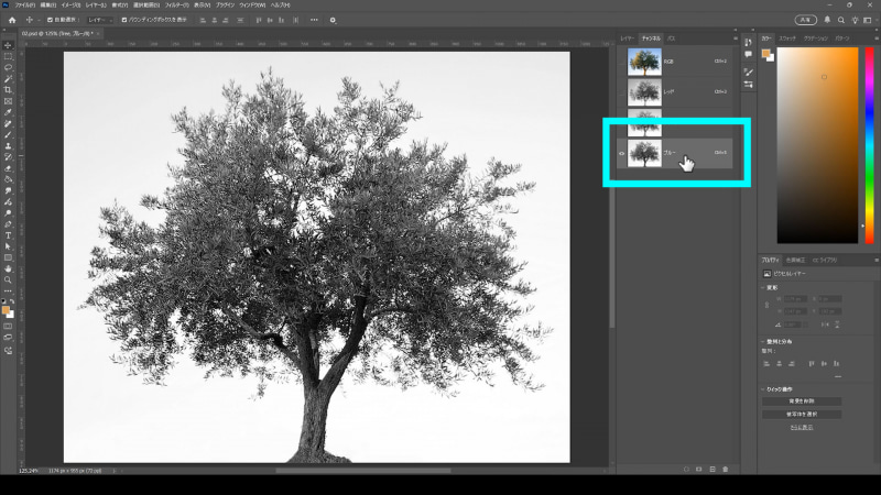 チャンネルパネル内の「レッド」、「グリーン」、「ブルー」の中から一番白と黒がはっきり分かれているものを選択します。今回は「ブルー」のチャンネルを選択します