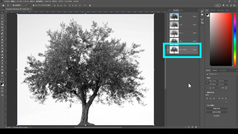 パネル下の新規のアイコンまでドラッグ&ドロップしてブルーチャンネルのコピーを作ります