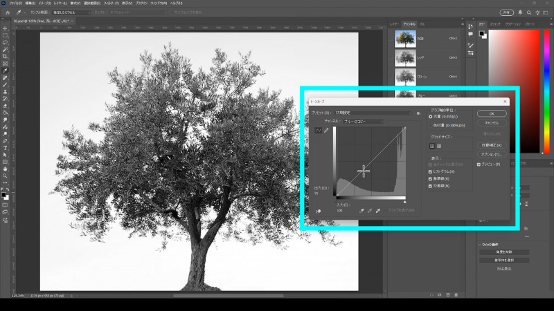 ブルーチャンネルのコピーを選択した状態でCtrl(Mac: Command)+Mでトーンカーブを実行します