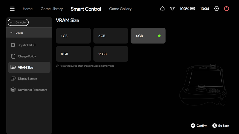コントローラ部以外にも、パススルー充電やVRAM設定など、デバイス関連の各種設定もここで変えられる