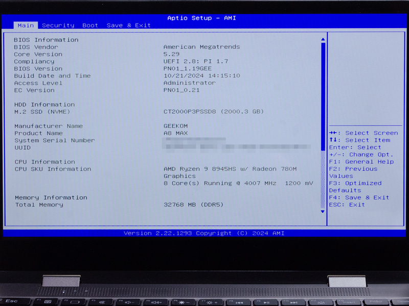 BIOS / Main。起動時[DEL]キーで表示