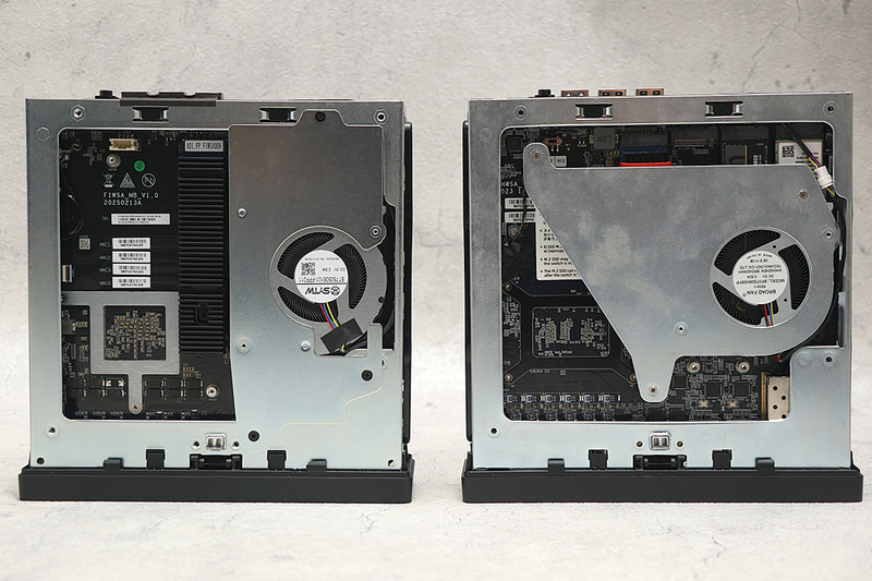 SSD搭載面。左がMS-A2、右が従来のMS-01。ファンブラケットの形状こそ変わったが、スロット配置は大差ない