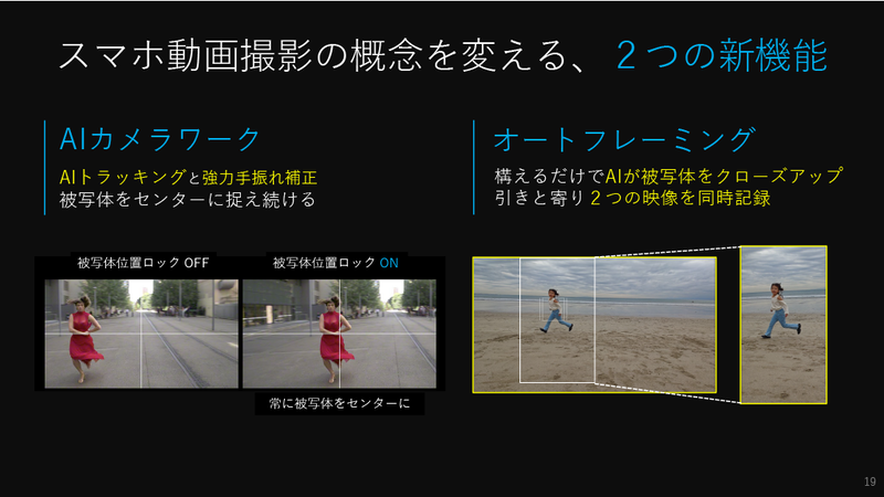 新たな動画撮影機能として「AIカメラワーク」と「オートフレーミング」を搭載