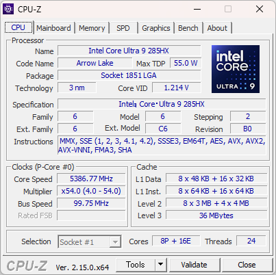 Core Ultra 9 285HXのCPU-Z実行画面