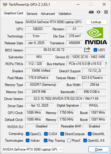 GeForce RTX 5090 Laptop GPUのGPU-Z実行画面