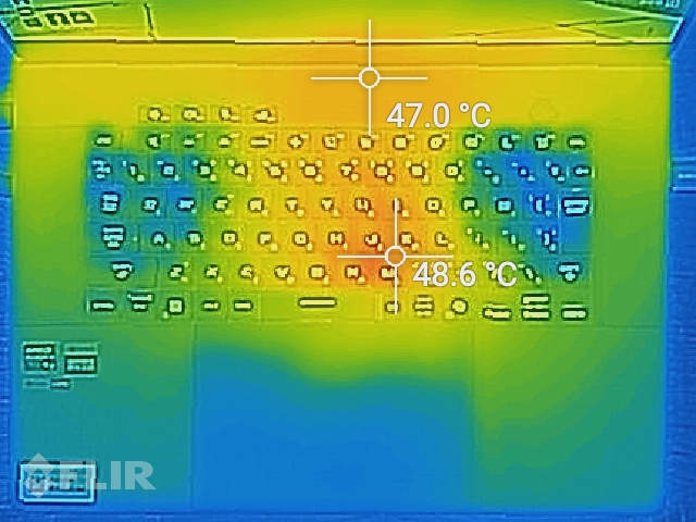 サーモグラフィー。キーボードの中央付近で48.6℃、上部で47.0℃となった