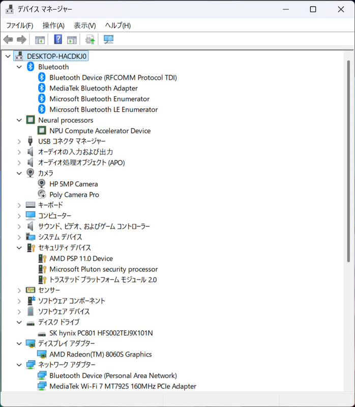 デバイスマネージャー/主要なデバイス。2TB SSDは「SK hynix PC801 HFS002TEJ9X101N」。Wi-FiはMediaTek Wi-Fi 7 MT7925、BluetoothもMedia Tek製