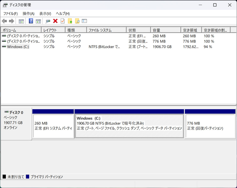 ストレージのパーティション。C:ドライブのみの1パーティションで約1.9TBが割り当てられている。BitLockerで暗号化