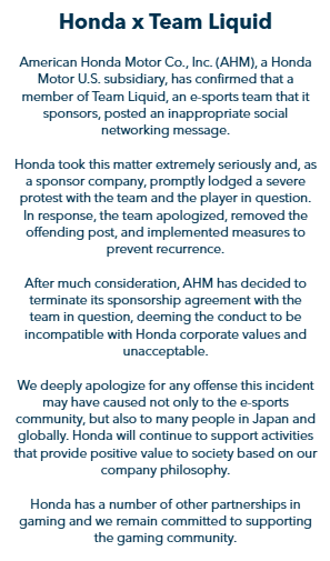 American Honda Motor Companyによるスポンサー契約解除告知