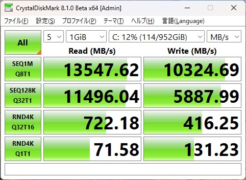 試用機内蔵のPCIe Gen5準拠SSDは、シーケンシャルリード、ライトとも10GB/sを超える超高速アクセスが可能で、アプリ起動やファイル転送の時間を短縮できる