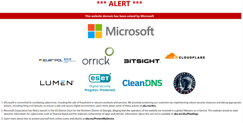 差し押さえられたLumma関連ドメインの告知ページ