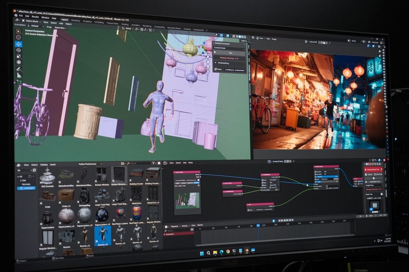 Blenderを使ったAI画像生成デモ。3Dで構図を作ると(左)、その構図とプロンプトにあわせて画像を生成してくれる