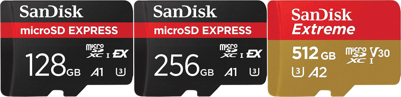 【写真2】左から128GB microSD Expressカード、256GB microSD Expressカードと512GB microSD。一番右だけSD Expressではない