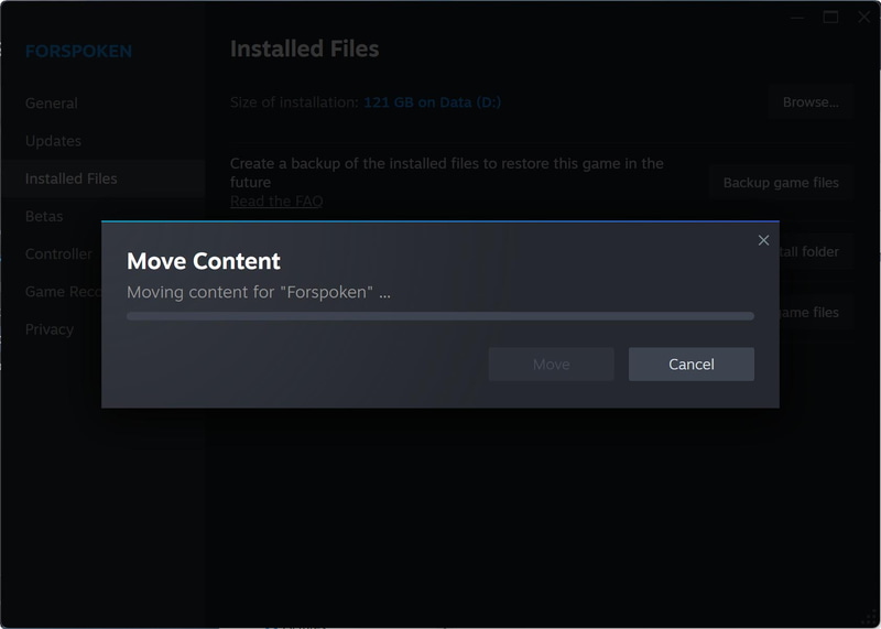 【図18】プロパティの「Installed Files」→「Move install folder」でこの操作ができる