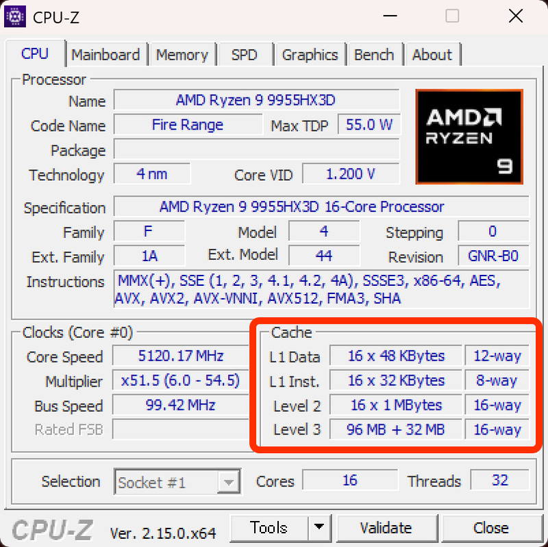 CPUは16コア32スレッドのRyzen 9 9955HX3Dを採用。第2世代3D V-Cacheによって1次～3次キャッシュの合計144MBも搭載されている