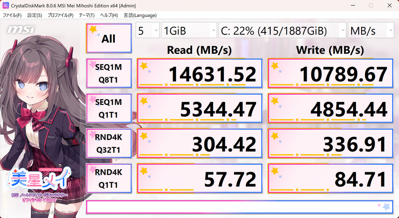 ストレージの速度を測るCrystalDiskMark 8.0.6の結果。PCI Express 5.0 x4接続のNVMe SSDの中でもトップクラスに高速と言える結果だ
