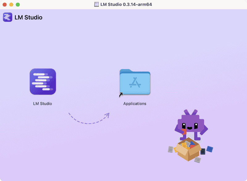 ダウンロードしたディスクイメージを開き、「LM Studio」を[アプリケーション]フォルダにコピーすればインストール完了です。ダブルクリックしてアプリを起動しましょう