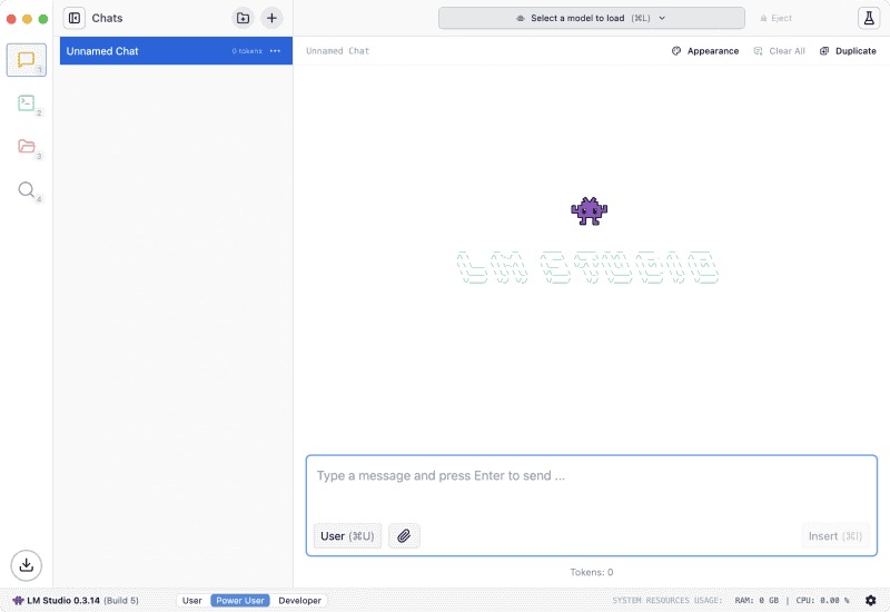 LM Studioのメイン画面が表示されます。ウインドウ右下の歯車アイコンをクリックして設定画面を表示しましょう