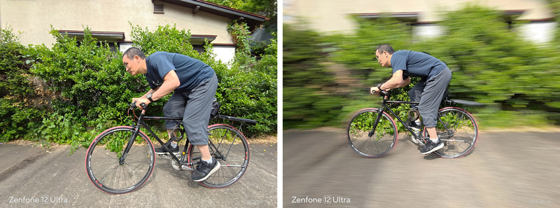 手動の流し撮り(左)と「AI流し撮り」(右)。自転車だと隙間から見える背景が流れないので、クルマを被写体にするのに向いているようだ