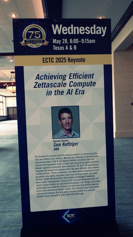 キーノート講演を担ったAMDのSam Naffziger氏を紹介した案内板。会場フロアの数カ所に置かれていた