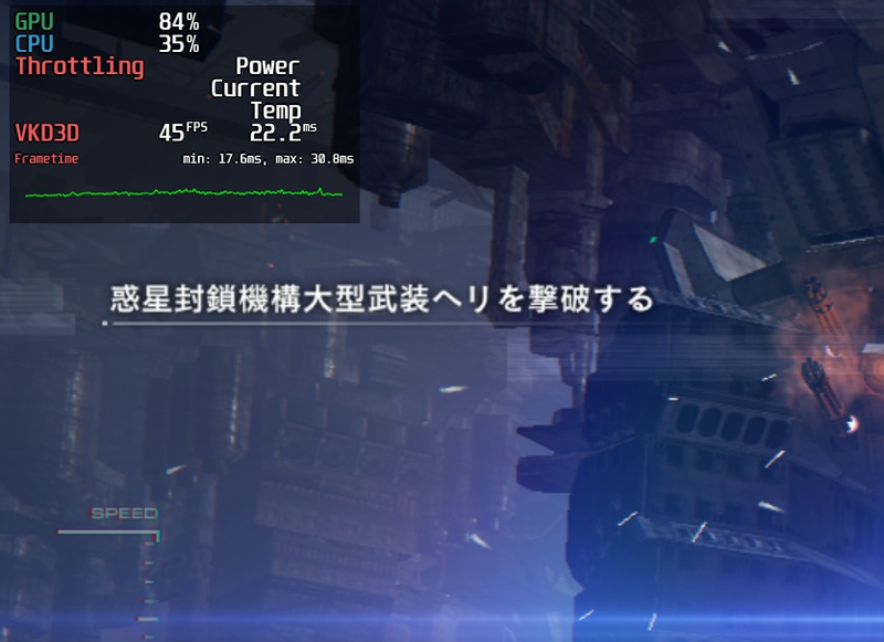 ゲーム中にMangoHudのオーバーレイを表示した例