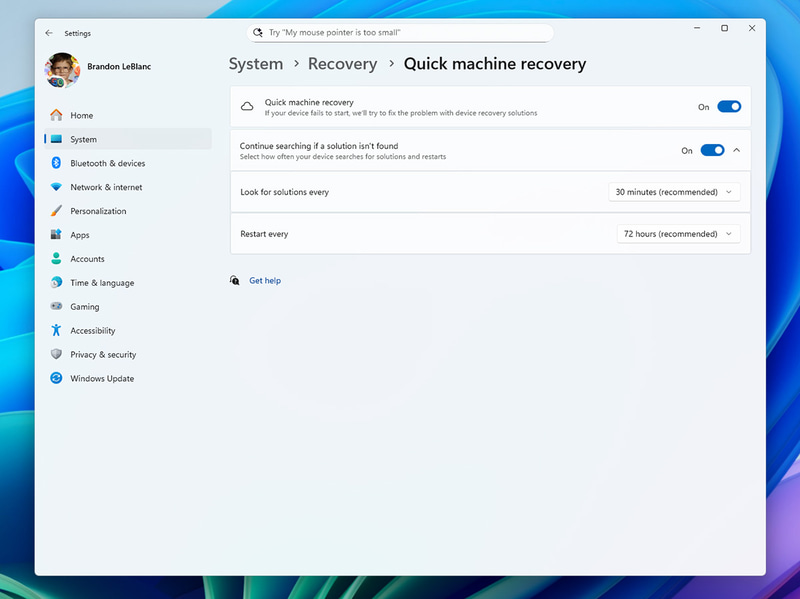 Quick Machine Recoveryの設定画面