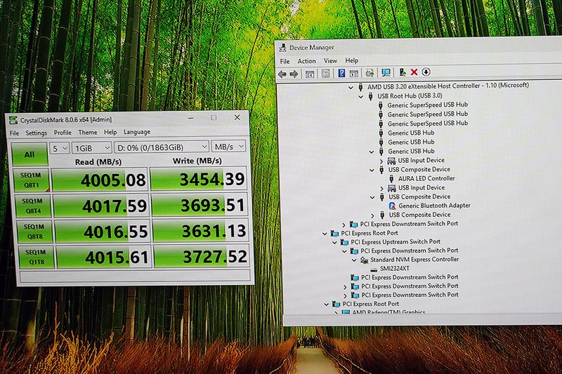SM2324はUSB4なので、対応環境であればPCIe経由のNVMeのSSDとして認識する