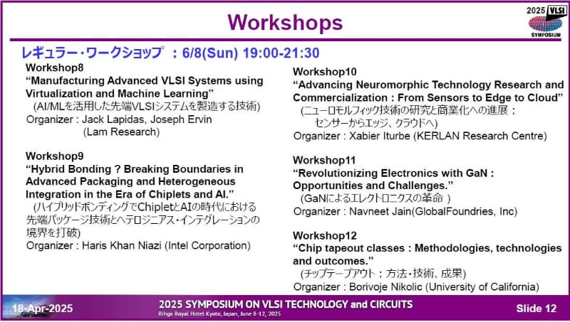 8日に実施するワークショップの概要(その4)。午後7時～午後9時30分に同時並行で開催される5件のタイトル。2025年4月18日に開催された記者会見の資料から