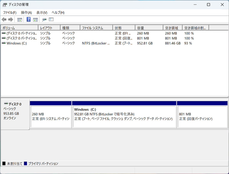 ストレージのパーティション。C:ドライブのみの1パーティションで約952GBが割り当てられている。BitLockerで暗号化