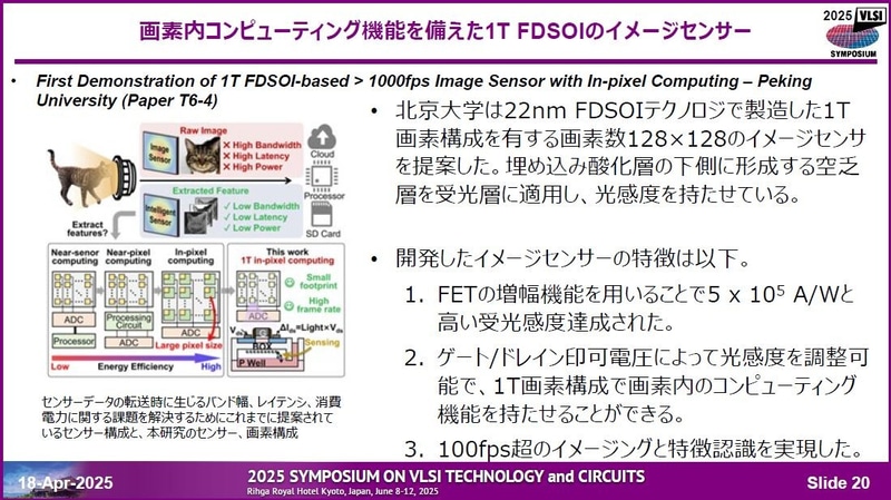Peking Universityが試作した、22nm FD SOI構造のnチャンネルMOS FETを画素内に配置した128×128画素のイメージセンサー(論文番号6-4)。なお図中に100fpsとあるのは誤りで、1,000fpsが正しいとみられる。2025年4月18日に開催された記者会見の資料から