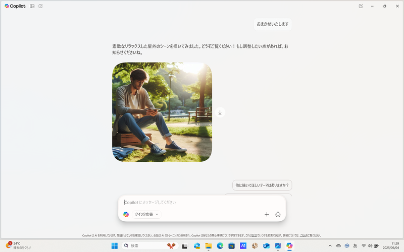 おまかせいたします」→「アニメ調でお願いいたします」→「男性でお願いします」→「黒と青のストライプのシャツを着せてください」の結果