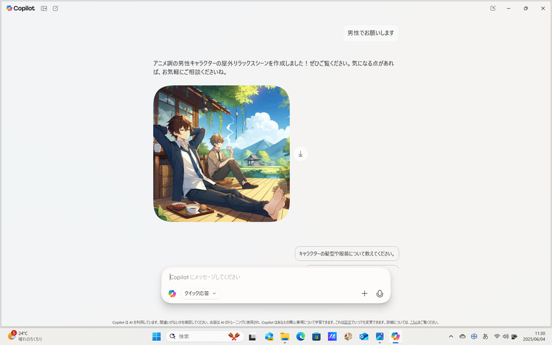 おまかせいたします」→「アニメ調でお願いいたします」→「男性でお願いします」→「黒と青のストライプのシャツを着せてください」の結果