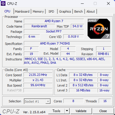 CPUは8コア16スレッドのAMD Ryzen 7 7435HSを採用。ブーストクロックは最大4.5GHzで3次キャッシュ容量は16MBだ