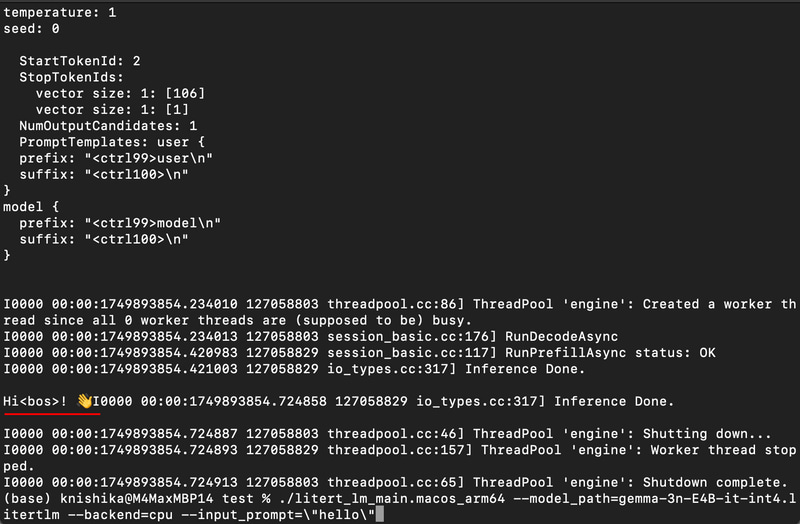 macOSで動作してるGemma3n-E4B。“hello”に対して”Hi!👋”で答えている。E2Bだと“Hello”だった