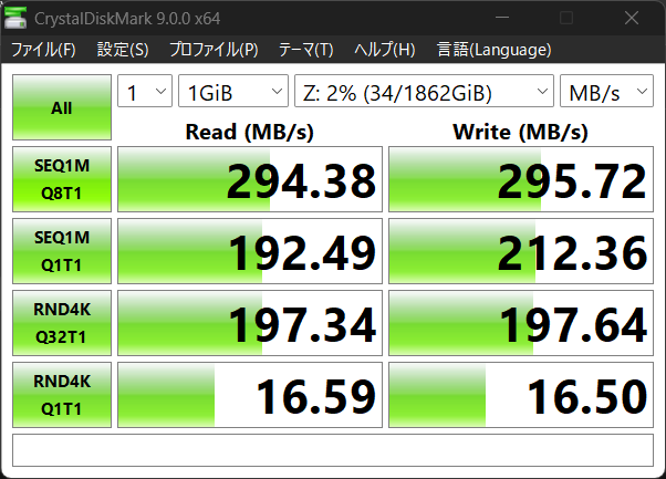 2.5GbE経由では理論値上限に近い300MB/sに近い速度を達成していた