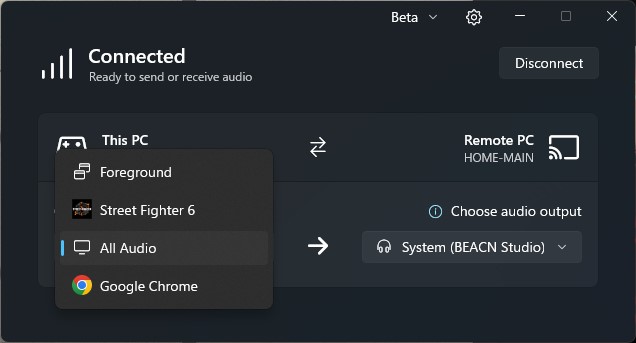 ゲーミングPCからどのアプリの音を流すか、またその音の送り先も選べる